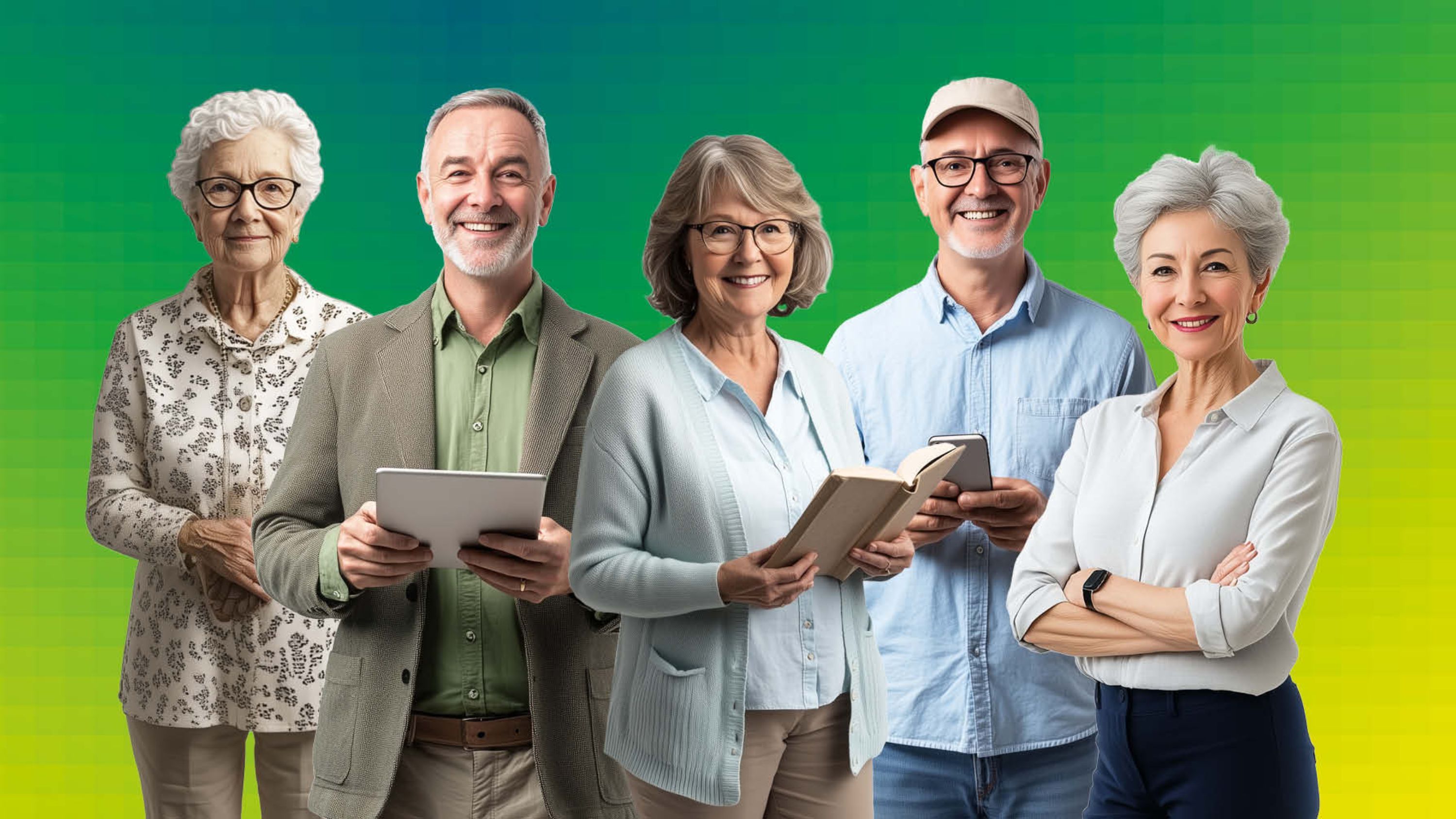 Image générée par IA : quatre personnes âgées se tiennent côte à côte et sourient à la caméra.